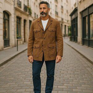 Tasso Elba Brown Suede Leather Chore Coat Front Pockets Vintage Mens L